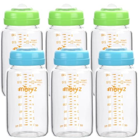 Matyz Glass Breastmilk Storage Bottles, 6 Pack, 8 oz, Compatible with Spectra Medela Pump - Store, Freeze, Warm Up Milk Well - Large Breastmilk Storage Containers - BPA Free (3 Green & 3 Blue Lids)