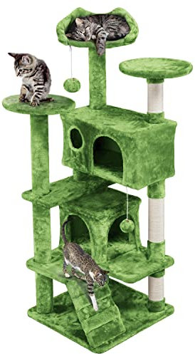 costoffs 137cm Cat Tree Tower with Scratching Posts 3 Perches Ladder and 2 Condos for Indoor Cats, Green