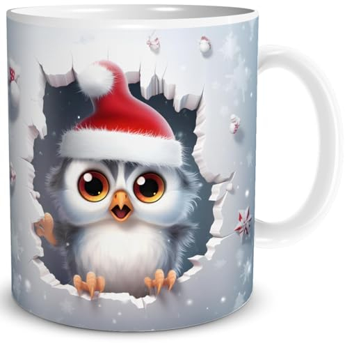 TRIOSK 3d Illusion Tasse Weihnachten mit Eulen Weihnachtsmotiv Eule bricht durch Becher Eulenmotiv Geschenk lustig für Eulenliebhaber, Keramik, 330ml