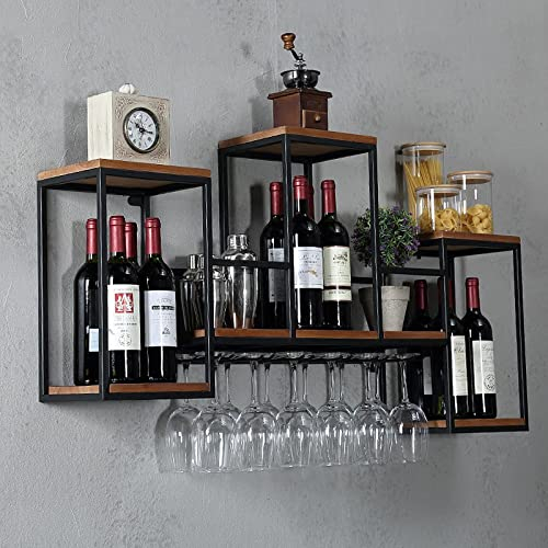 Porte-bouteille de vin en métal - Montage mural - Étagère à vin en bois - Multifonctionnel - Pour maison, bar, salle à manger, cuisine - 106 cm