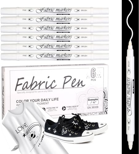 Weiß Textilstifte Waschmaschinenfest , 6 Stück Textilmalstifte Stoffmalfarben Waschfest 1-5mm Stoff stifte Dual Tip Textilmarker , textilfarbe waschmaschinenfest für T-shirt Stoffbeutel Hut Schuhe