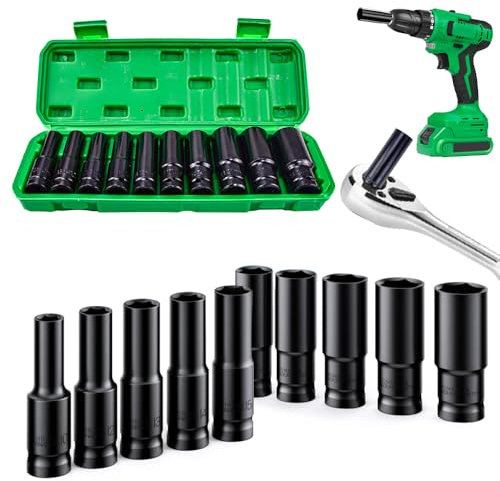 HEKOBAG 10PCS Deep Impact Socket Set, 10-24mm 1/2 Inch Metric Drive Deep Socket Set with Storage Box for Home Car Repair & DIY