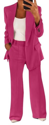shownicer Tailleur Femme Pantalon 2 Pièces Chic et Elegant Couleur Unie Slim Fit Blazer Veste Taille élastique Formel Bureau Travail Pantalon Costume Revers Manteau Ensemble A Rose XS