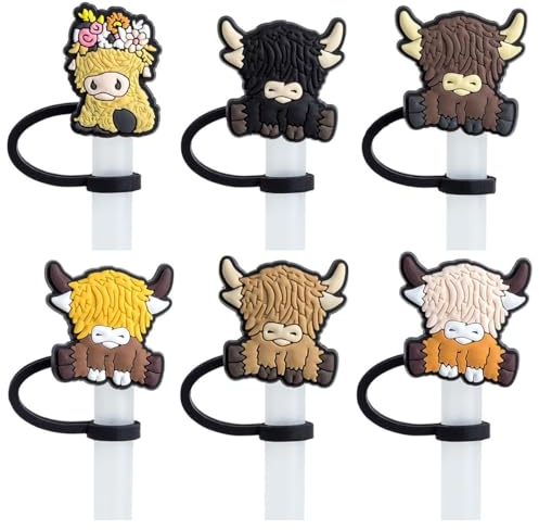 6PCS Highland Cow Silicone Straw Cover Cap for Stanley Cup Decor, Drinking Straw Topper Accessories Without Straws for Kids Party Favors