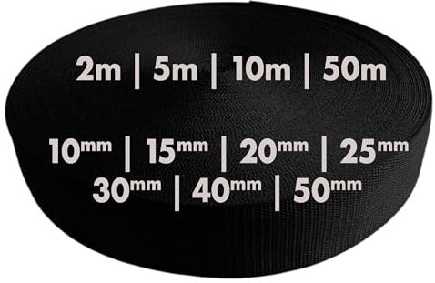 Gurtband 2m 5m 10m 50m, 50 Farben, Breite 10mm 15mm 20mm 25mm 30mm 40mm 50 mm Taschengurt Polypropylen Ideal für DIY-Projekte, Handarbeiten & Outdoor (580) Schwarz, 25mm x 5m