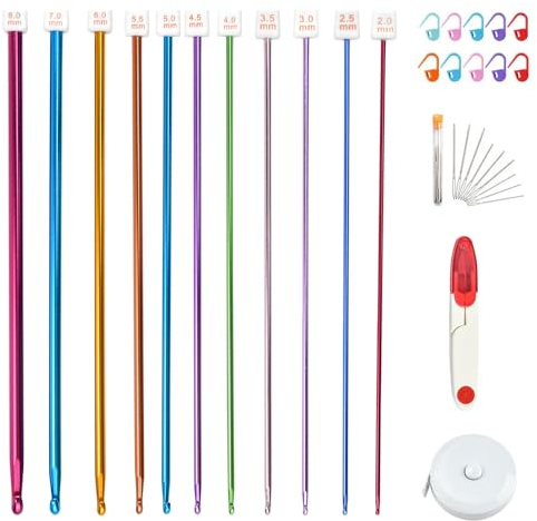 GOLRISEN 11 Stk Tunesische Häkelnadeln Set 2-8mm Stricken Werkzeuge Aluminium Tunesische Häkelnadel mit Häkelzubehör Stricknadeln Tunesische Häkelnadelset für Decken Schals und Andere Häkelprojekte