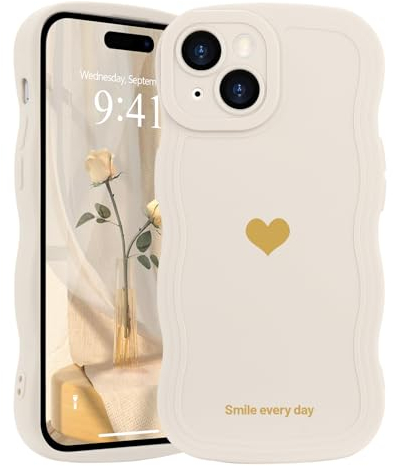LAPOPNUT Kompatibel mit iPhone 14 Hülle Silikon Mädchen Frau Handyhülle Süß Herzen Muster Stoßfest Wellenform Schutzhülle Case für iPhone 14 Beige