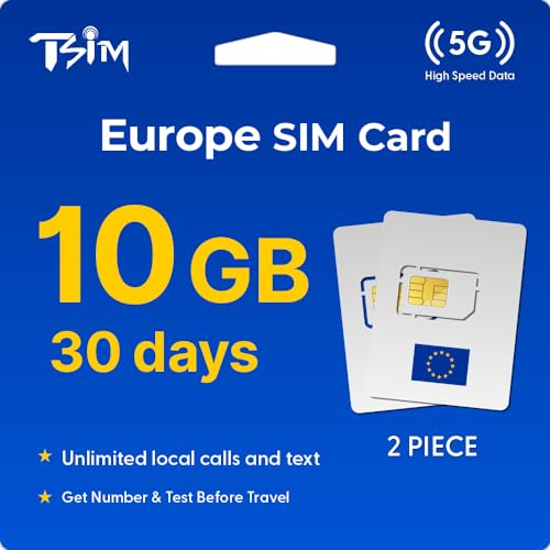 TSIM Europa SIM Karte für Reisen 30 Tage 10GB - 2 Stück | Unbegrenzte Ortsgespräche und SMS | Nummer erhalten & vor der Reise testen | Über 30 Länder Österreich, Frankreich, Deutschland, Italien,