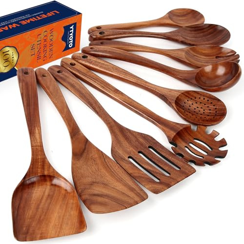 YTYOTO Wooden Utensil Set, Natural Teak Wooden Kitchen Utensils Set, Essential Wooden Spoons for Cooking (9Pcs)
