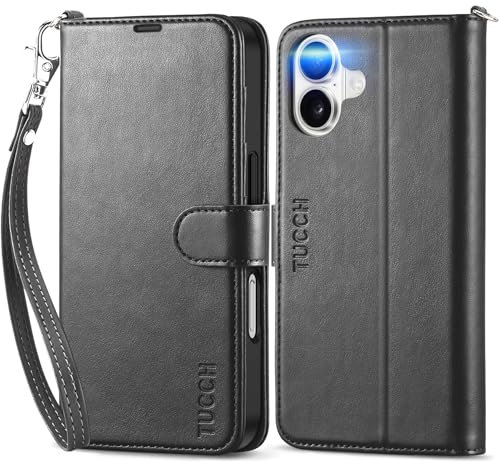 TUCCH Case for iPhone 16 (6.1) 2024, Magnetic PU Leather Wallet Folding Case with Wrist Strap, RFID Blocking Protection, Credit Card Holder, Shockproof TPU, Stand Folio Cover for Women Men, Black