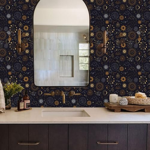 Alwayspon Black Self Adhesive Wallpaper Moon Stars, Peel and Stick Furniture Transfer Sticker Decals Living Kids Room Wall Art, Sticky Back Vinyl Film Roll for Drawer Cabinet Wardrobes Covering Decor