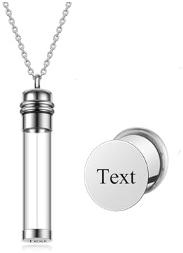 PiercingJak Personalisierter Memorial Urnen Anhänger mit Gravur | Zylinder Glas Flasche, Kettenanhänger für Asche Haare, Befüllbar, Locket Kette, Edelstahl Halskette, Charms, Gedenken Schmuck