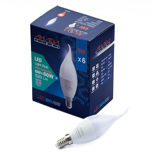 Amada Light E14 LED Kerzenlampe, 6W (60W Ersatz), 6er Pack, 520 Lumen, Warmweiß 3000K, Energiesparende LED Kerze