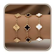 HAITTY 18 Karat vergoldetes Kleeblatt-Armband-Set für Damen, Weiß/Schwarz/Gold/Silber/Grün/Rosa/Blau/Rot, verstellbare Glieder, doppelseitiges Glücksarmband, trendiges Armband-Set, Schmuck, Geschenke