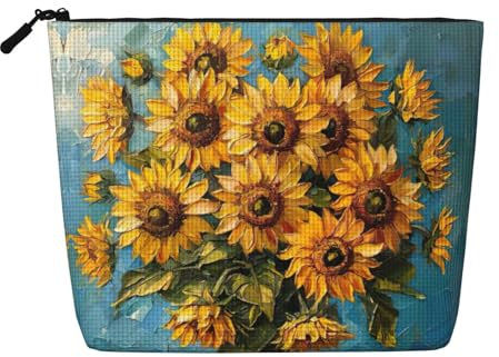 Bolsa de maquillaje con estampado de girasol y pintura al óleo, bolsa de aseo de viaje, bolsa de maquillaje de viaje, estuche organizador de maquillaje portátil para mujer, Black, Talla única