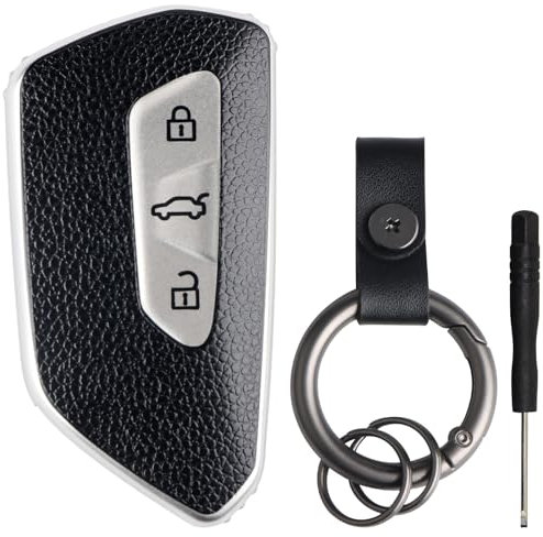 Autoschlüssel Hülle Leder 3 Tasten Kompatibel für VW Golf 8 GTI ID3 ID4 Formentor Leon Skoda Enyaq Schlüsselhülle Schlüssel Cover Schlüsselschutz Schutzhülle mit Schlüsselanhänger