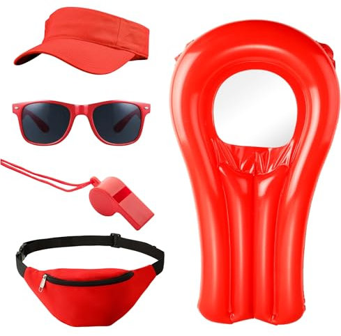 FASCHINFEVER Lifeguard Set 5 in 1 – Costume da bagnino per uomo e donna con boa, anello di salvataggio e accessori ispirati a Baywatch, per carnevale e carnevale