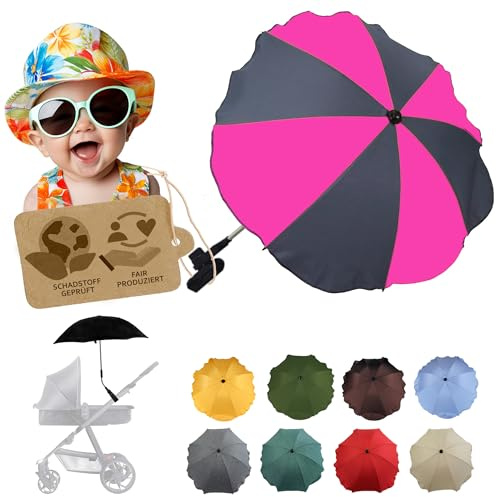 BambiniWelt by Rafael K. Sonnenschutz universal [Sonnenschirm für Kinderwagen] Buggy UV Schutz 50+ mit Universalhalterung biegsamer Schirm für Rund- und Ovalrohre verstellbar (grau-pink)