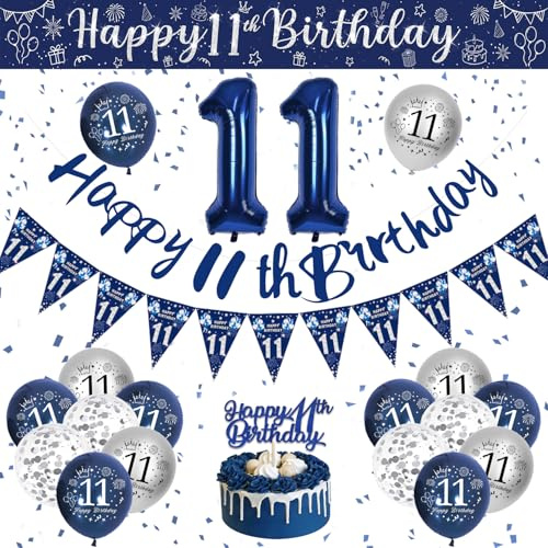 11. Geburtstag Deko Junge, Blau Silber Luftballons Geburtstag, Geburtstagsdeko 11 Jahre Party Deko mit Happy Birthday Girlande Konfetti Ballons für 11 Jungen Geburtstags Dekoration