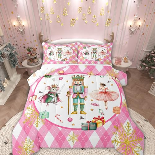 Nutcracker Christmas Decor Little Princess Ballet Bedding Set, Cartoon Mouse Comforter Set Geometric Grid Comforter Gold Snowflake Quilts Queen,Buffalo Plaid Pink Christmas Decorations