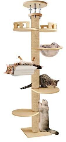 Katzenbaum, 6 Ebenen Deckenspanner Kratzbaum, Höhenverstellbar bis 3m von Boden bis Decke, XL Katzenkletterbaum mit Schlafnest, Spielball und Hanfstrick-Wicklung für große Katzen Beige