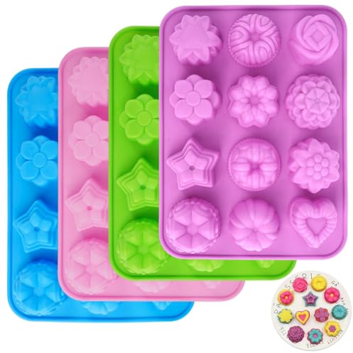 4 Stück Silikonformen Blumen Backen, 15 x 20 cm, 12 Hohlräume, 4 cm | Durchmesser, Silikonform in Blumenform, Mini Silikon Gugelhupfform für DIY Handgemachter Seife Schokolade Jelly (4 Farben)