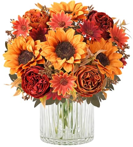 MEIVINES Künstliche Herbstblumen 2 Bündel Künstliche Sonnenblumen wie echt | Herbst Blumenstrauß Seidenblumen Herbst Deko Kunstblumenstrauß für Tischdeko Hochzeit Heim Küche Herbst Dekoration
