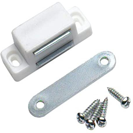 Merriway® BH00396 (4 Pcs) Heavy Duty Magnetic Cupboard Cabinet Door Catches, White Small 43 x 18 mm with Single Plate and Screws, 6 kg Pull Strength - Pack of 4 Pieces