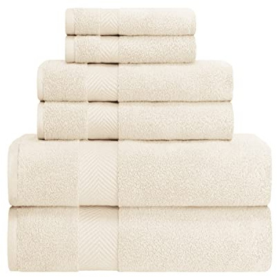 SUPERIOR Zero Twist 100% Cotton Bathroom Towels, Super Soft, Fluffy, and Absorbent, Premium Quality 6 Piece Towel Set with 2 Washcloths, 2 Hand Towels, and 2 Bath Towels, Ivory