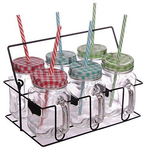 Puckator JAR18 - Pack de 6 tazas de cristal con tapa y pajita de colores azul, verde y rojo y con cesta metálica para almacenar las 6 tazas