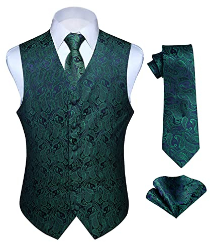 HISDERN Paisley floreale Jacquard floreale gilet e cravatta e fazzoletto da taschino set Verde e Viola L