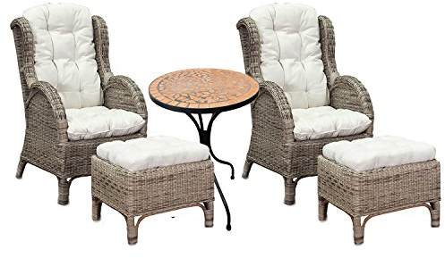 Mojawo Luxus Rattan Set 2 Stück Relaxsessel Korbsessel Rattansessel mit Hocker Ohrensessel mit Fußhocker aus Rattan, inkl. Polster in beige und 1 Stück Mosaiktisch