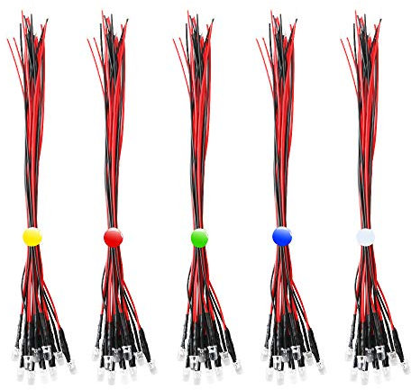 RUNCCI-YUN 50pcsVorverdrahtete LED-Dioden Licht,12V vorverdrahtetes Licht, 5 mm LEDs vorverdrahtetes Licht (Rot, Gelb, GRÜN, weiß, blau Jeder10Pcs)
