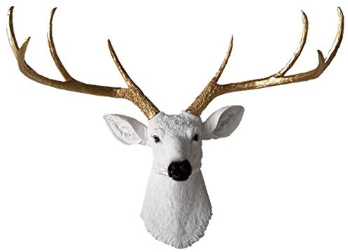 Großer künstlicher Hirschkopf, rustikale Wanddekoration, Hirschgeweih, künstliche Taxidermie, Wanddekoration – handgefertigtes Bauernhaus-Dekor (weißhaariges Goldgeweih, 70,5 x 50,8 cm (B x H)