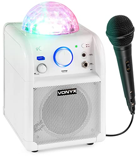 Vonyx SBS50W Enceinte Karaoké avec Microphone - Blanche, Fonction Bluetooth et Effet Lumineux LED, Autonomie 3-4h Max, Jelly Ball, Boule Disco, Parfait pour Une Soirée Entre Amis/Famille