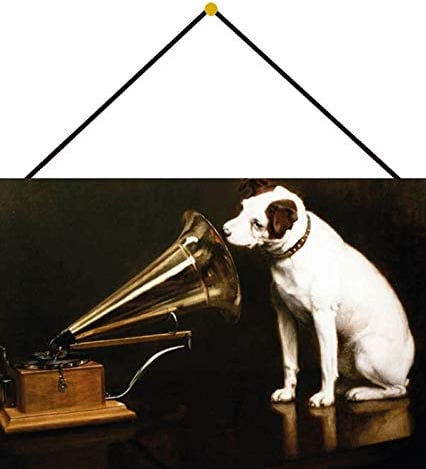 generisch Blechschild 20x30cm gewölbt mit Kordel His Master´s Voice Hund Grammophon Nostalgie Retro Deko Geschenk Schild