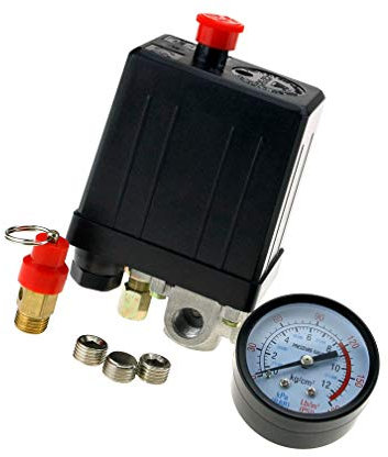Air Compressor Pressure Switch 1/4 BSP 4 Port Manifold with Safety Valve & Blanking Plugs & Air Pressure Gauge