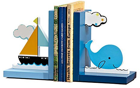 JHNIF Une paire de serre-livres en bois en forme de voilier et baleine, décoration de chambre d'enfant.