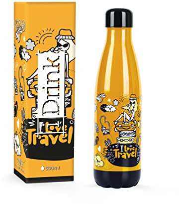 Bouteille thermique en acier à double paroi I-Drink 350/500/750/1000 ml, Décorée (500 ML, Travel Doodle)