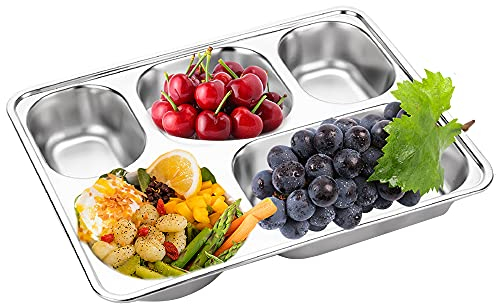 AIYoo Stainless Steel 5 Sections Divided Dinner Plate, Lunch Box Divided Tray Restaurant Serving Round Plate,5 in 1 Compartments Mess Tray for Adults Food Controller for Camping,Every Day Use
