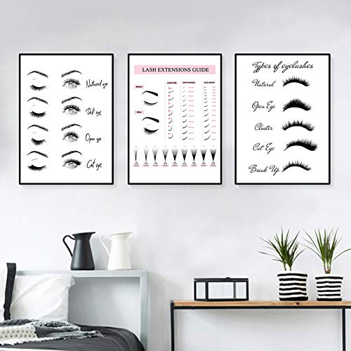 XIANGPEIFBH Lash Extensions Guide Kunst Wand Leinwand Malerei Make-up Bild Wimpern Zitat Druck und Poster Mädchen Zimmer Home Decor HD 30x40cmx3pcs Ungerahmt