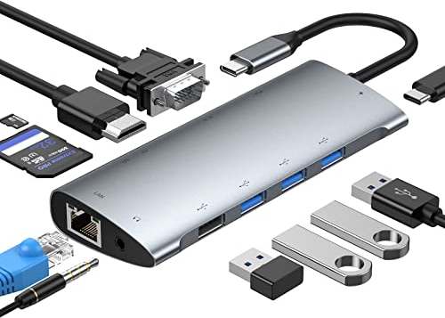 USB C Hub,Typ C Adapter 11 in 1 mit 4K-HDMI,VGA, USB-C 100W PD, 1*USB2.0, 3*USB3.0, RJ45-Gigabit-Ethernet, SD/TF-Kartenleser, 3,5-mm-Audiobuchse für MacBook und andere Geräte vom Typ C