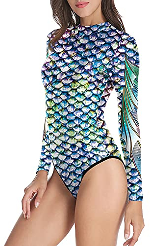 dPois Damen Meerjungfrau Badeanzug Langarm Schwimmanzug mit 3D Fischschuppe Druck UV-Schutz Sommer Bademode Badebekleidung für Schwimmen Surfen Bunt L/XL