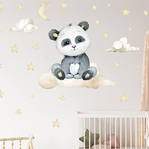 WANDKIND Panda auf der Wolke Wandtattoo V320 | handgezeichnet | AUFKLEBER Kindergarten | Wandsticker Kinderzimmer Pandabär mit Sterne Bär Wolken (50 x 50 cm)