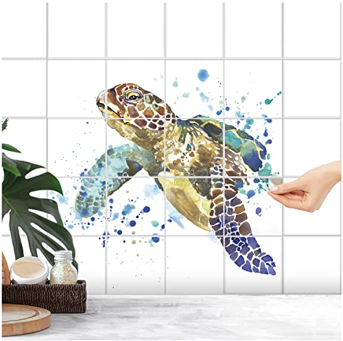 FoLIESEN Fliesenaufkleber - Deko-Bild für Bad, Küche, Badezimmer - Dekoration Fliesen-Bild Wasser-Schildkröte selbstklebend - Meeresschildkröte, Fliese - Bild (BxH):20x20 cm - 40x40 cm / 4-tlg.