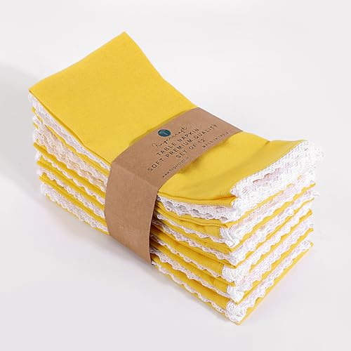 50.8x50.8 cm, übergroße Dinner-Servietten, Baumwoll-Flachs, 12 Stück, natürliche Premium-Qualität, Servietten sind vorgeschrumpft und gute Saugfähigkeit mit Spitze, Zitrone