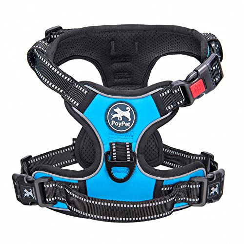 PoyPet Dog Harness Large, No Pull with Front Clip & Neck Release Buckle | No Choke, Lockable, 2 Leash D-rings, Adjustable Vest, Reflective, Oxford, Soft Padded Handle for Walking Training, XL, Blue