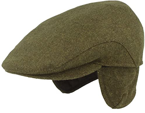 Breiter Herren Winter Schiebermütze mit Ohrenklappen Flatcap Schirmmütze 100% Wolle Newsboy ausklappbarer Ohrenschutz Hautfreundlich Bequem Oliv 65