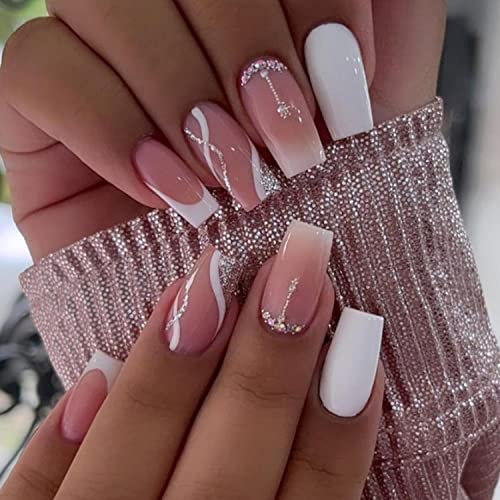 24Pcs Square False Nails Short White and Nude French Glitter Press on Nails Acrylic Full Cover Stick on Nails with Glue Stickers Glossy Rhinestones Fake Nail for Women and Girls Nails Art