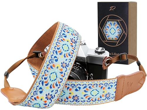 Padwa Lifestyle Camera Strap - 2 Wide Cowhide Head Cotton Camera Straps for Photographers,Vintage Universal Neck & Shoulder Camera Straps for All DSLR(Blue Embroidered Floral)